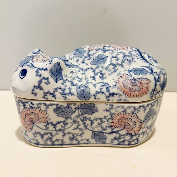 VTG Chinoiserie Ceramic Cat Large Trinket Box Container - Picture 1 of 9